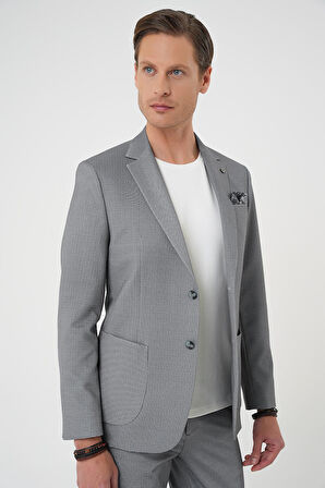 C 705 Comfort Fit Mono Yaka Çift Yırtmaç Torba Cep Kendinden Desenli Casual Siyah Ceket