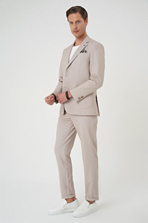 C 705 Comfort Fit Mono Yaka Çift Yırtmaç Torba Cep Kendinden Desenli Casual Bej Ceket