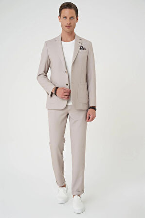 C 705 Comfort Fit Mono Yaka Çift Yırtmaç Torba Cep Kendinden Desenli Casual Bej Ceket