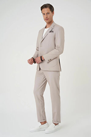 C 705 Comfort Fit Mono Yaka Çift Yırtmaç Torba Cep Kendinden Desenli Casual Bej Ceket