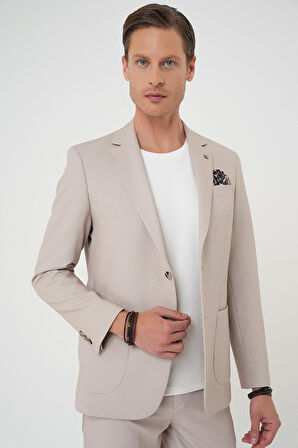 C 705 Comfort Fit Mono Yaka Çift Yırtmaç Torba Cep Kendinden Desenli Casual Bej Ceket