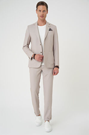 C 705 Comfort Fit Mono Yaka Çift Yırtmaç Torba Cep Kendinden Desenli Casual Bej Ceket