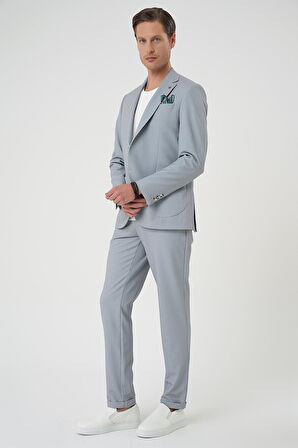 C 705 Comfort Fit Mono Yaka Çift Yırtmaç Torba Cep Kendinden Desenli Casual Gri Ceket