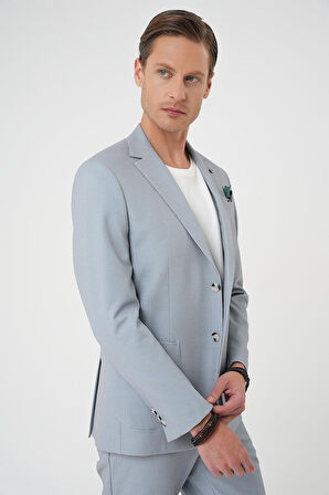 C 705 Comfort Fit Mono Yaka Çift Yırtmaç Torba Cep Kendinden Desenli Casual Gri Ceket