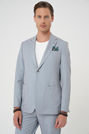 C 705 Comfort Fit Mono Yaka Çift Yırtmaç Torba Cep Kendinden Desenli Casual Gri Ceket