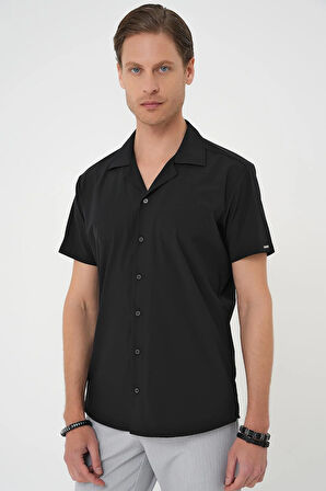 G 1589 Slim Fit Apaş Yaka Kısa Kol Esnek Casuel Siyah Gömlek 