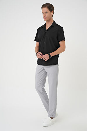 G 1589 Slim Fit Apaş Yaka Kısa Kol Esnek Casuel Siyah Gömlek 