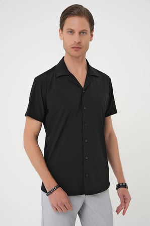 G 1589 Slim Fit Apaş Yaka Kısa Kol Esnek Casuel Siyah Gömlek 