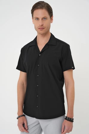 G 1589 Slim Fit Apaş Yaka Kısa Kol Esnek Casuel Siyah Gömlek 