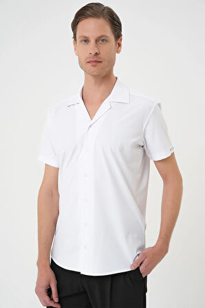 G 1589 Slim Fit Apaş Yaka Kısa Kol Esnek Casuel Beyaz Gömlek 