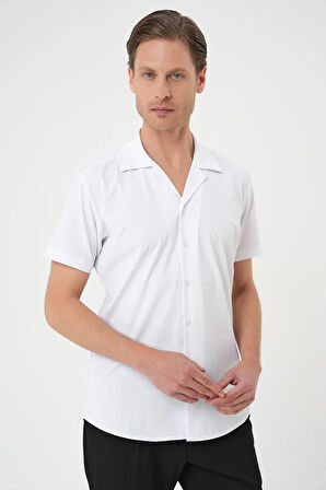 G 1589 Slim Fit Apaş Yaka Kısa Kol Esnek Casuel Beyaz Gömlek 