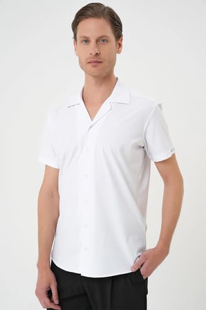 G 1589 Slim Fit Apaş Yaka Kısa Kol Esnek Casuel Beyaz Gömlek 