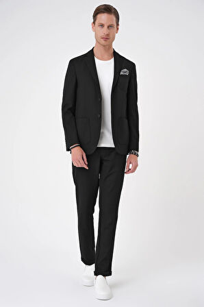 C 706 Comfort Fit Mono Yaka Çift Yırtmaç Torba Cep Kendinden Desenli Casual Siyah Ceket