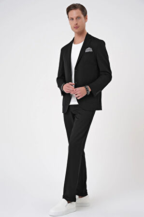 C 706 Comfort Fit Mono Yaka Çift Yırtmaç Torba Cep Kendinden Desenli Casual Siyah Ceket