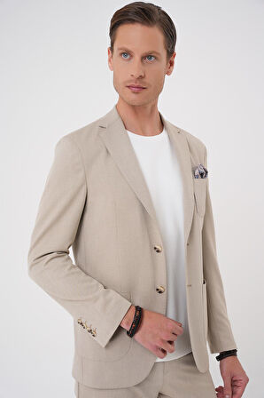 C 706 Comfort Fit Mono Yaka Çift Yırtmaç Torba Cep Kendinden Desenli Casual Bej Ceket