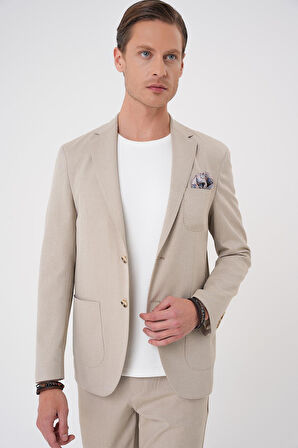 C 706 Comfort Fit Mono Yaka Çift Yırtmaç Torba Cep Kendinden Desenli Casual Bej Ceket