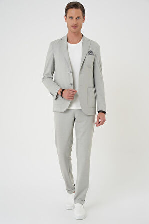 C 706 Comfort Fit Mono Yaka Çift Yırtmaç Torba Cep Kendinden Desenli Casual Gri Ceket