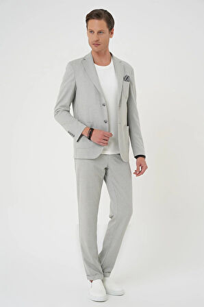 C 706 Comfort Fit Mono Yaka Çift Yırtmaç Torba Cep Kendinden Desenli Casual Gri Ceket