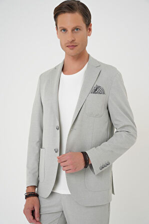 C 706 Comfort Fit Mono Yaka Çift Yırtmaç Torba Cep Kendinden Desenli Casual Gri Ceket