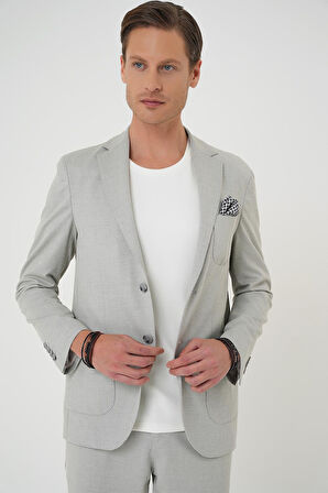 C 706 Comfort Fit Mono Yaka Çift Yırtmaç Torba Cep Kendinden Desenli Casual Gri Ceket