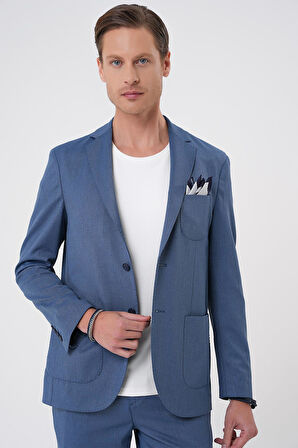 C 706 Comfort Fit Mono Yaka Çift Yırtmaç Torba Cep Kendinden Desenli Casual İndigo Ceket