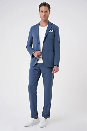 C 706 Comfort Fit Mono Yaka Çift Yırtmaç Torba Cep Kendinden Desenli Casual İndigo Ceket