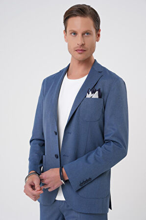 C 706 Comfort Fit Mono Yaka Çift Yırtmaç Torba Cep Kendinden Desenli Casual İndigo Ceket