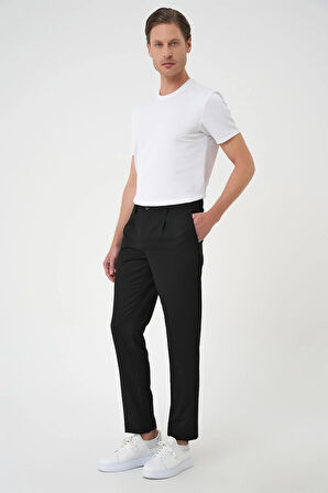 P 1182 Comfort Fit Beli Lastikli Pileli Siyah Jogger Pantolon 