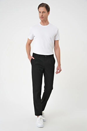 P 1182 Comfort Fit Beli Lastikli Pileli Siyah Jogger Pantolon 