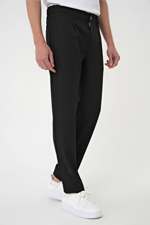 P 1182 Comfort Fit Beli Lastikli Pileli Siyah Jogger Pantolon 