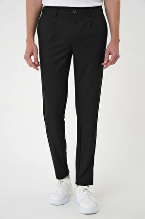 P 1182 Comfort Fit Beli Lastikli Pileli Siyah Jogger Pantolon 