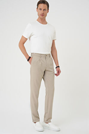 P 1182 Comfort Fit Beli Lastikli Pileli Bej Jogger Pantolon 