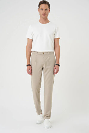 P 1182 Comfort Fit Beli Lastikli Pileli Bej Jogger Pantolon 