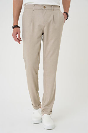 P 1182 Comfort Fit Beli Lastikli Pileli Bej Jogger Pantolon 