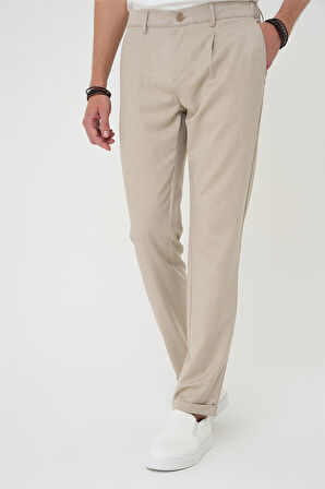 P 1182 Comfort Fit Beli Lastikli Pileli Bej Jogger Pantolon 