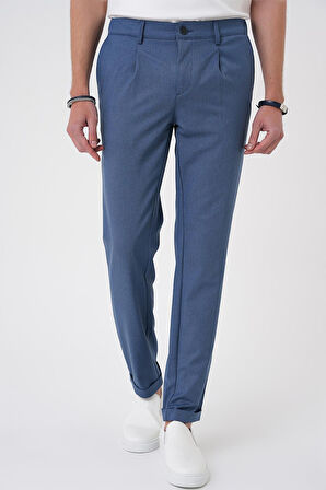 P 1182 Comfort Fit Beli Lastikli Pileli İndigo Jogger Pantolon 