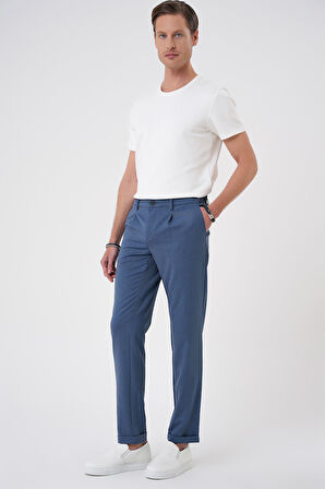 P 1182 Comfort Fit Beli Lastikli Pileli İndigo Jogger Pantolon 