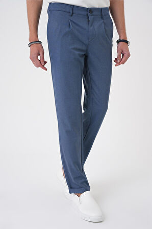 P 1182 Comfort Fit Beli Lastikli Pileli İndigo Jogger Pantolon 