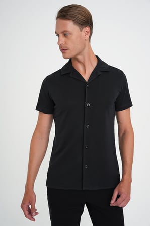 Slim Fit Apaş Yaka Modal Karışımlı Kısa Kol Siyah Gömlek G 1590
