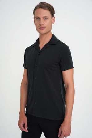 Slim Fit Apaş Yaka Modal Karışımlı Kısa Kol Siyah Gömlek G 1590