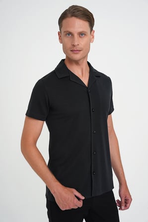 Slim Fit Apaş Yaka Modal Karışımlı Kısa Kol Siyah Gömlek G 1590