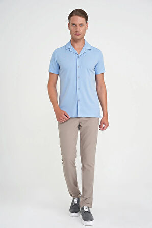 Slim Fit Apaş Yaka Modal Karışımlı Kısa Kol Mavi Gömlek G 1590