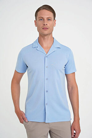 Slim Fit Apaş Yaka Modal Karışımlı Kısa Kol Mavi Gömlek G 1590