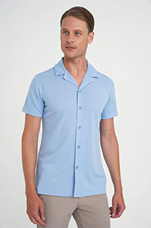 Slim Fit Apaş Yaka Modal Karışımlı Kısa Kol Mavi Gömlek G 1590