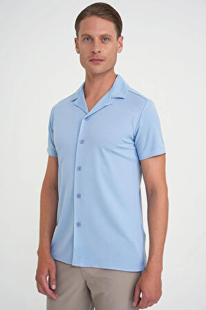 Slim Fit Apaş Yaka Modal Karışımlı Kısa Kol Mavi Gömlek G 1590