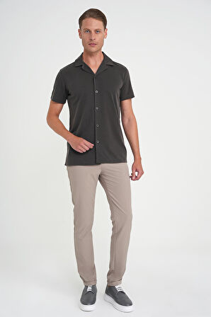 Slim Fit Apaş Yaka Modal Karışımlı Kısa Kol Kahverengi Gömlek G 1590