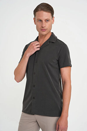 Slim Fit Apaş Yaka Modal Karışımlı Kısa Kol Kahverengi Gömlek G 1590