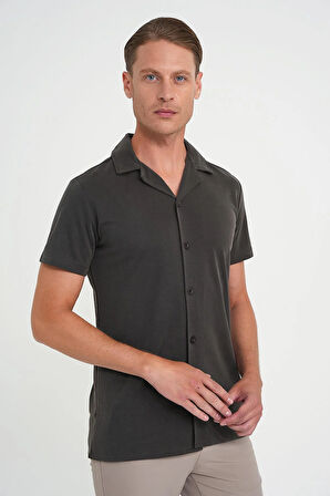 Slim Fit Apaş Yaka Modal Karışımlı Kısa Kol Kahverengi Gömlek G 1590