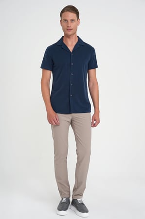 Slim Fit Apaş Yaka Modal Karışımlı Kısa Kol Lacivert Gömlek G 1590