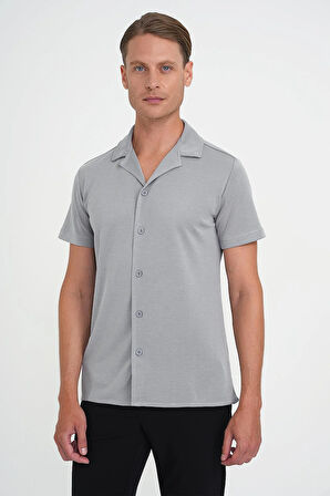 Slim Fit Apaş Yaka Modal Karışımlı Kısa Kol Gri Gömlek G 1590
